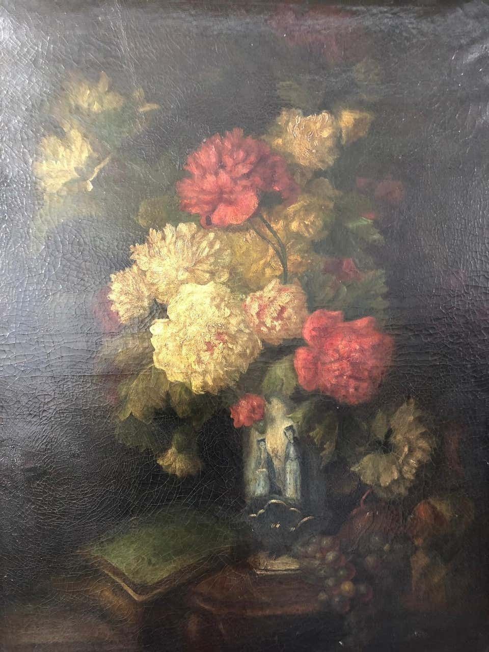 Bouquet Of Carnations And Fruit Still Life, 19th Century photo furniture