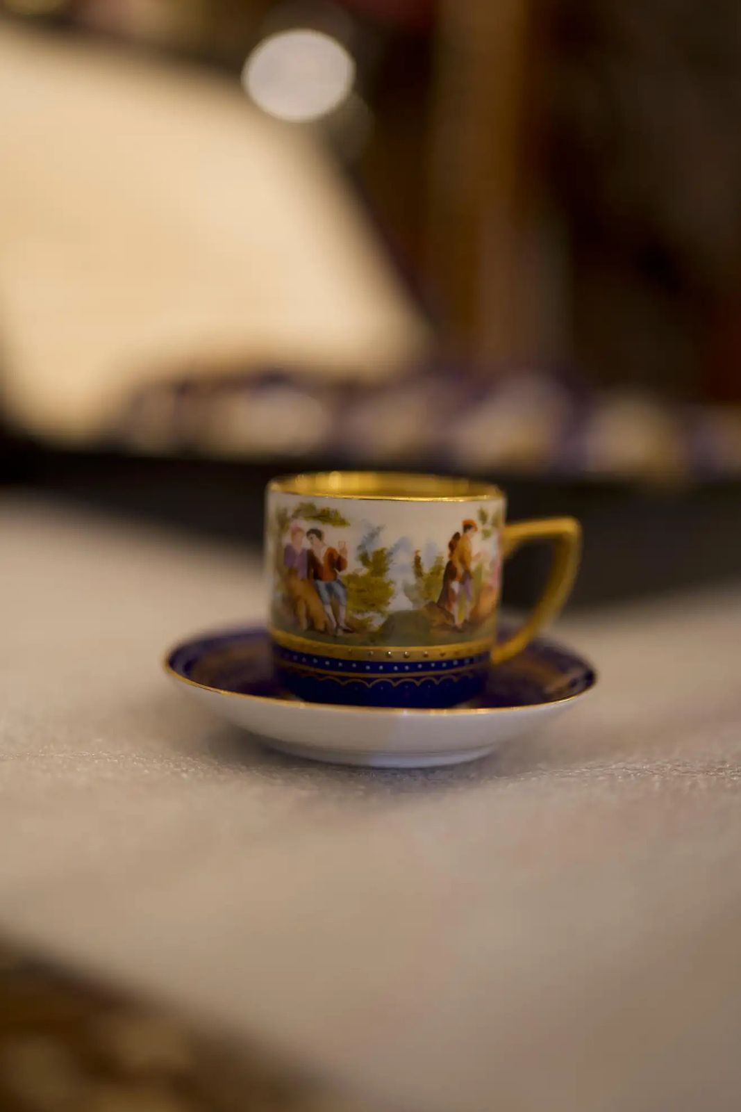 19th Century Porcelain, 12 Piece Painted Cups And Saucers Cobalt Blue photo Home Decor