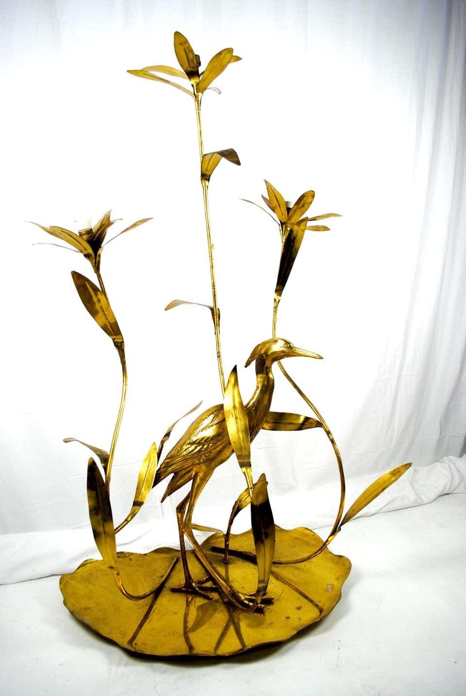 Italian Golden Brass Crane/ Heron And Floral Floor Lamp For Cittone Oggi, 1960 photo for sale