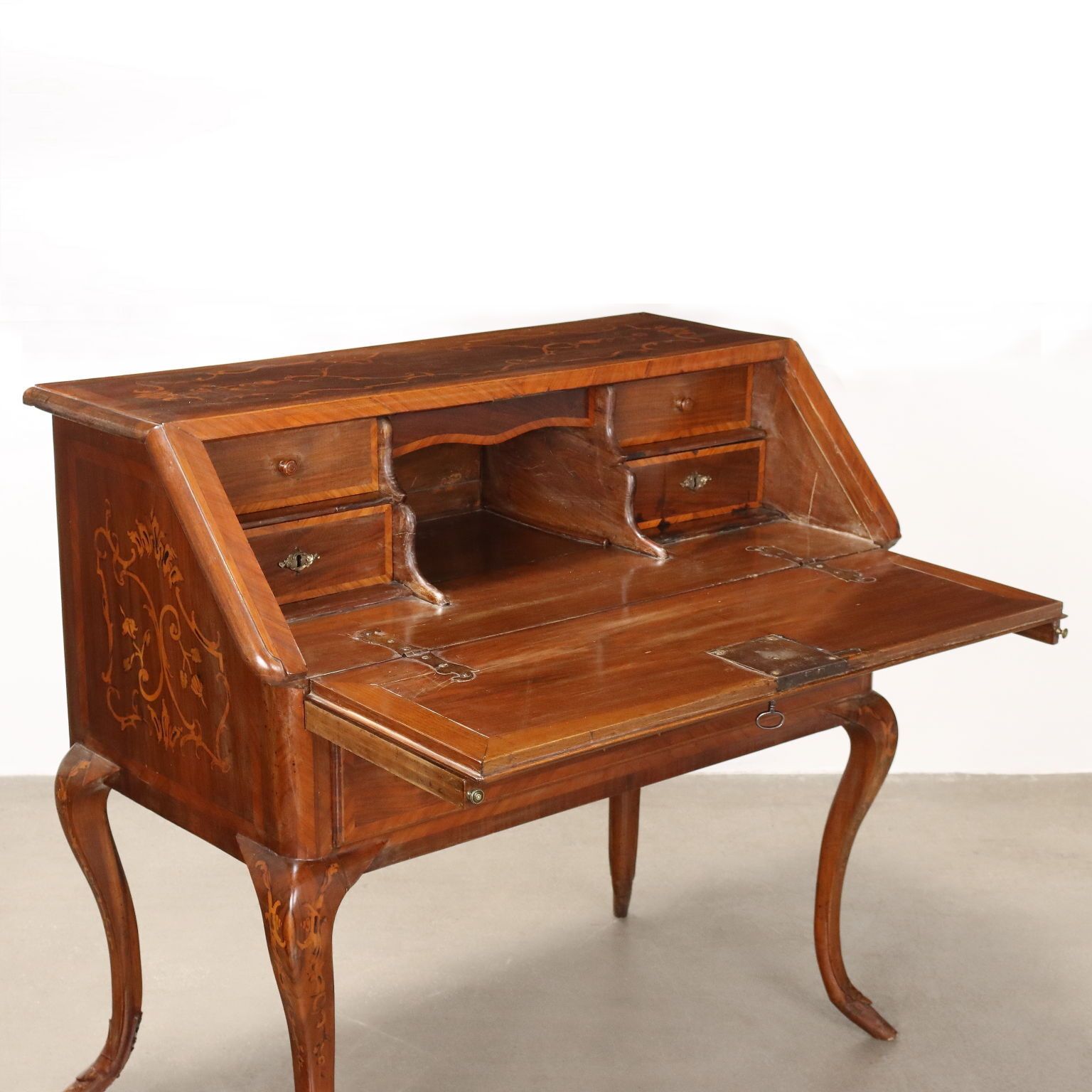 Antique Writing Desk Walnut Drawers Inlays Italy XVIII Century photo for sale