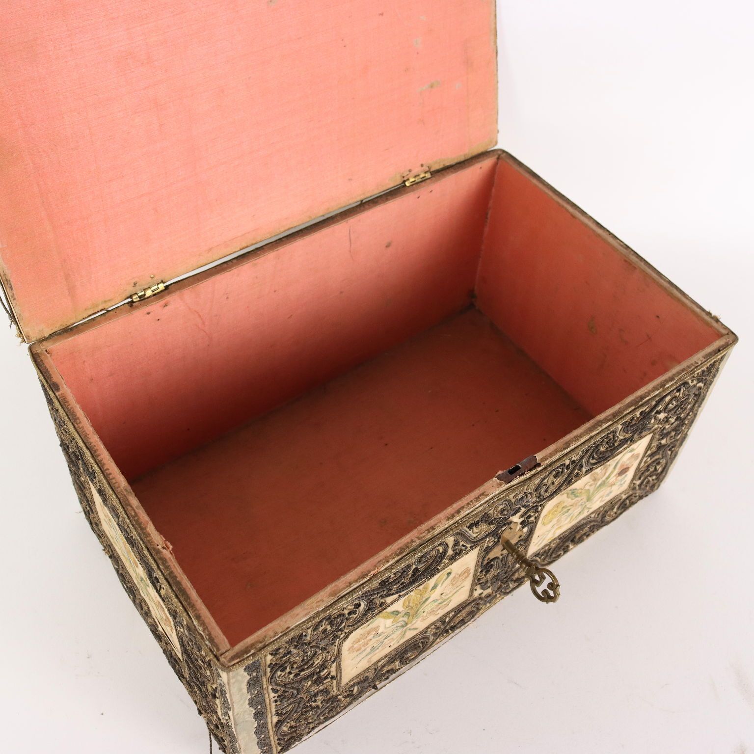 Antique Casket Wood Fabric Beads Europe XIX Century photo Home Decor