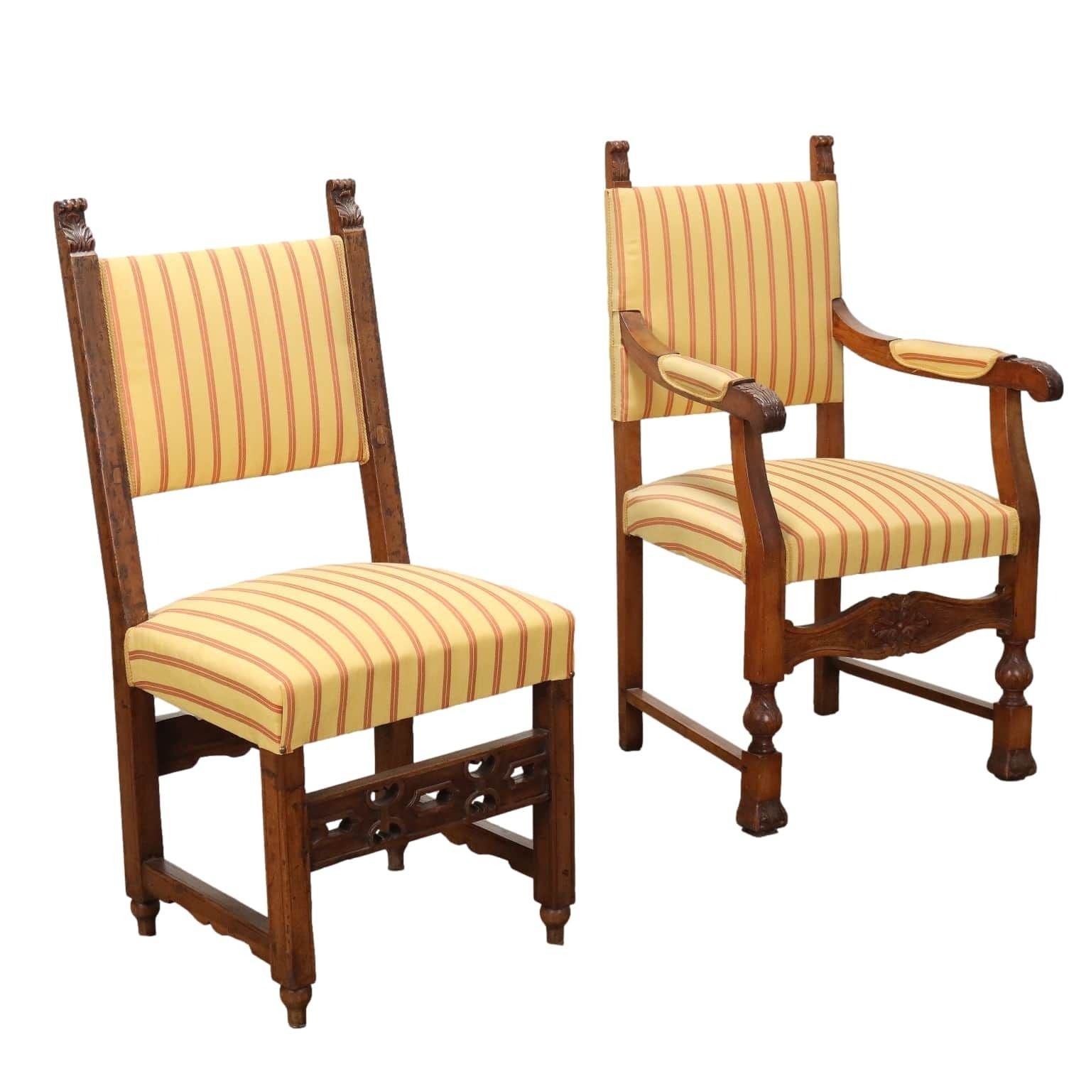 Antique Baroque Armchairs Walnut Fabric Italy XVII XVIII Century