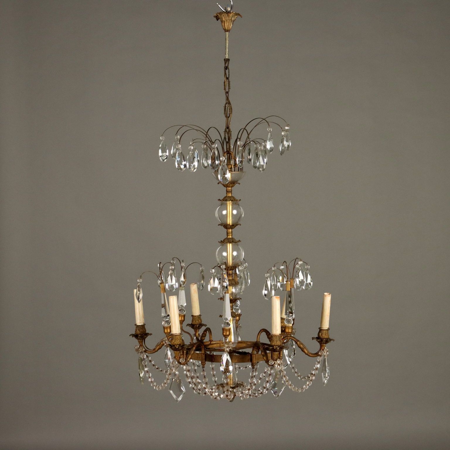 Antique Chandelier Burnished Metal 6 Branches Glass Italy XX Century