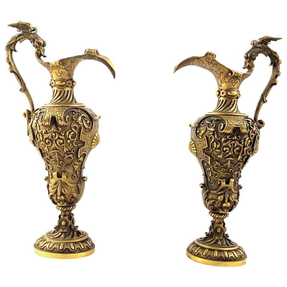 19th Century Pair Of Italian Renaissance Revival Cast Gilt Bronze Ewers