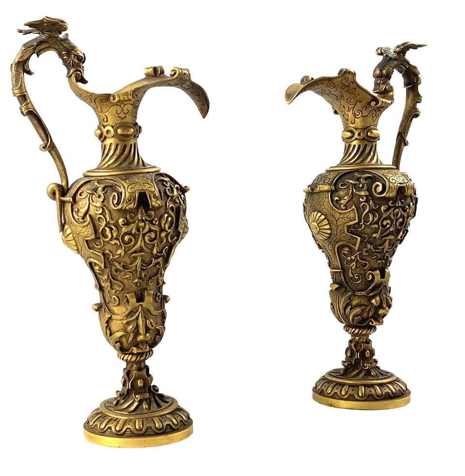 19th Century Pair Of Italian Renaissance Revival Cast Gilt Bronze Ewers photo furniture