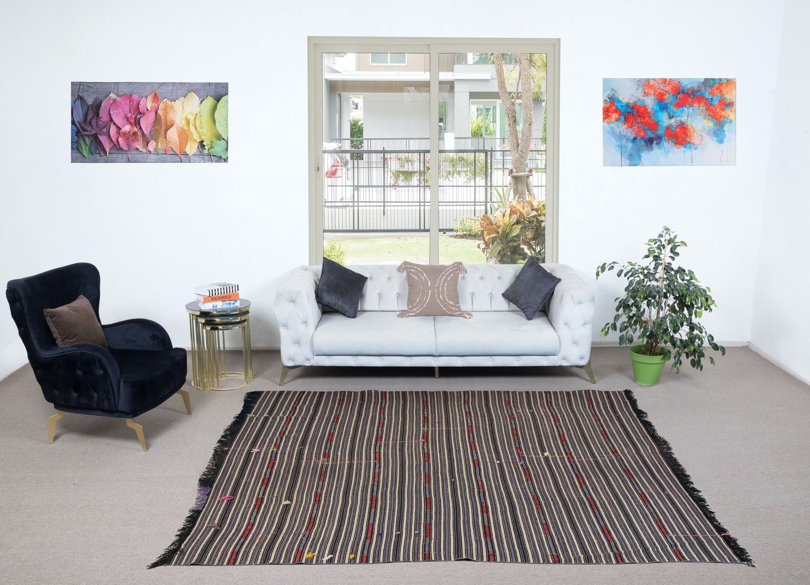 7.2x7.8 Ft Unique Hand Woven Striped Kilim, Vintage Flat Weave Anatolian Rug photo furniture