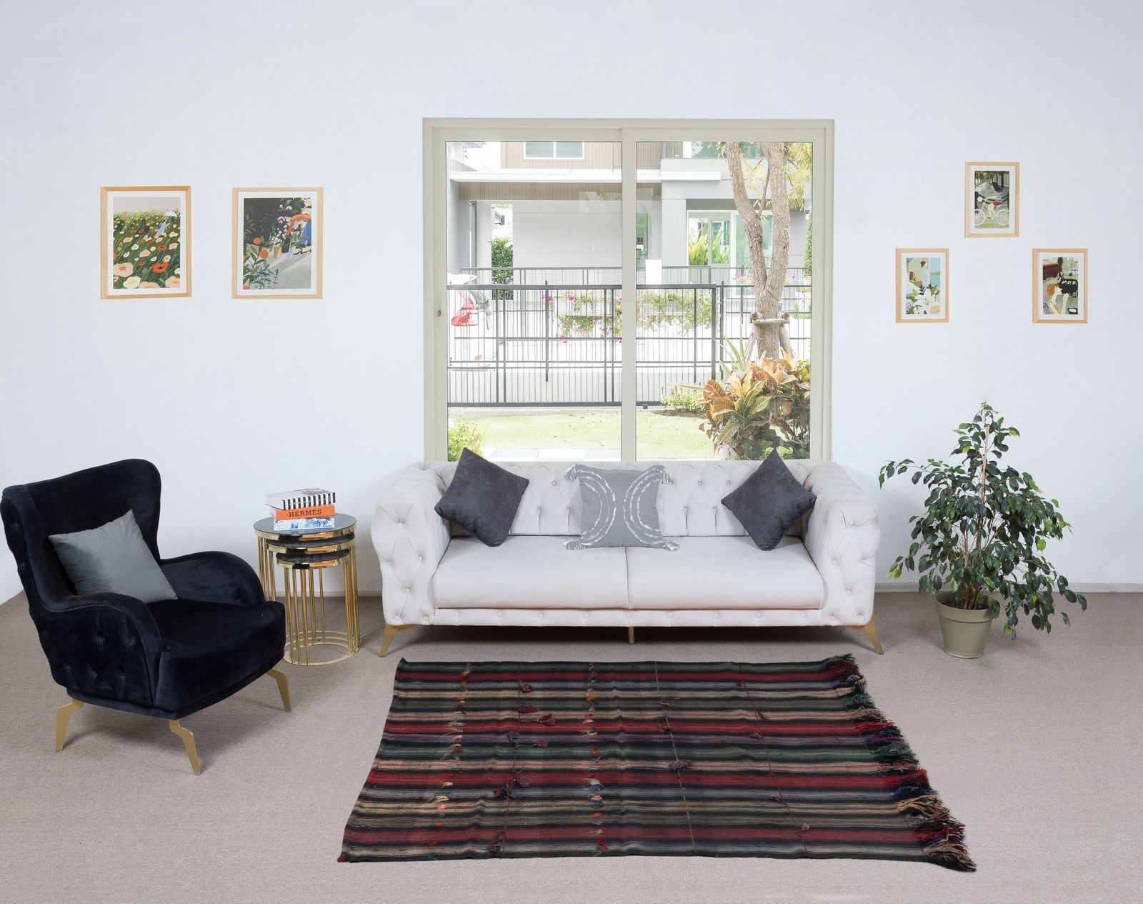 5.6x6.2 Ft Hand Woven Striped Kilim, Vintage Flat Weave Anatolian Rug photo furniture