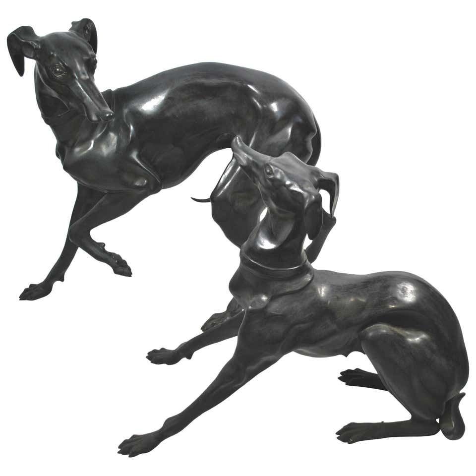 Large Pair Of 1960s Bronze Greyhounds In Dominance Stance