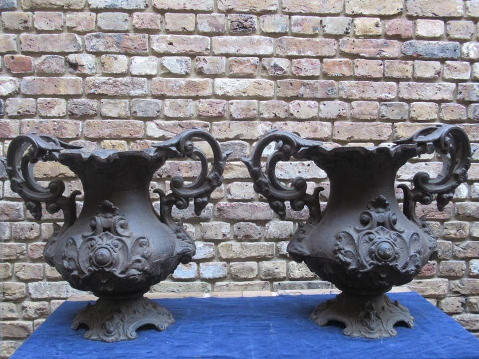Pair Of Early 20th Century Decorative Cast Iron Urns photo for sale
