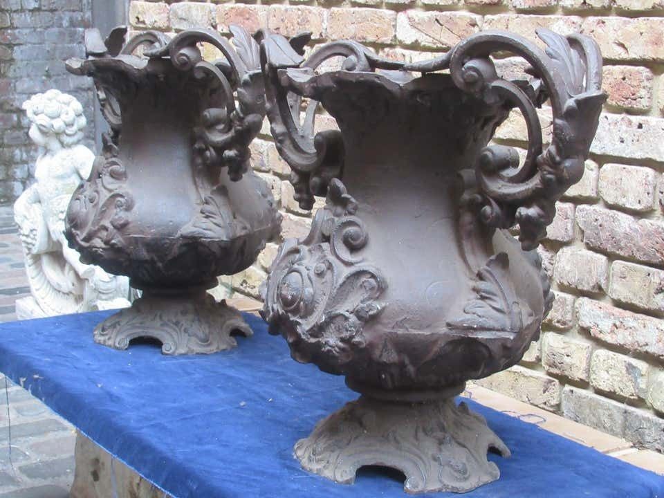 Pair Of Early 20th Century Decorative Cast Iron Urns photo Home Decor