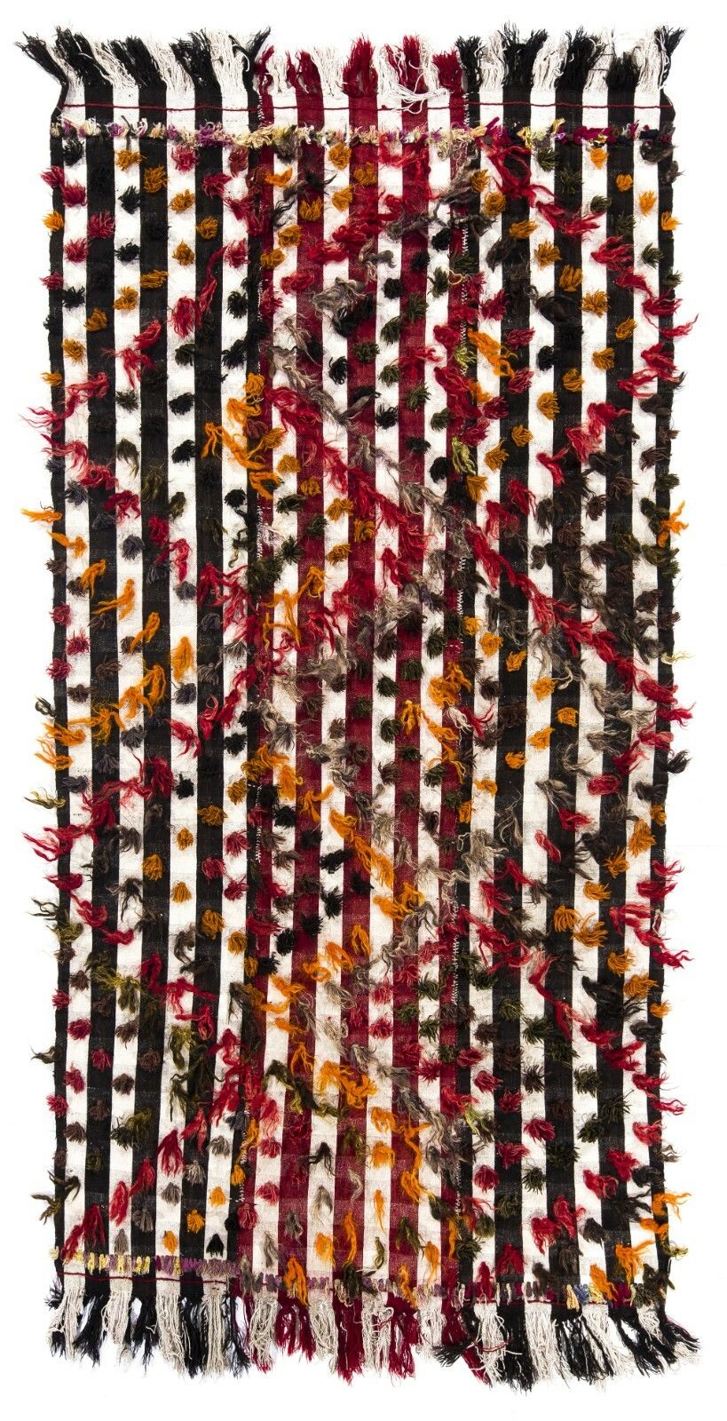 4.2x8.6 Ft Banded Tribal Kilim Rug With Colorful Poms. Floor Cover, Bed Cover