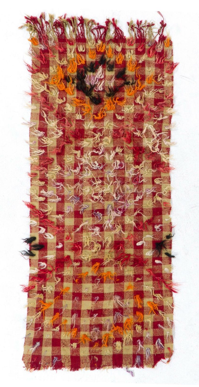 3x7 Ft Checkered Vintage Kilim Rug With Red, Mint Green Colors And Wool Pom Poms