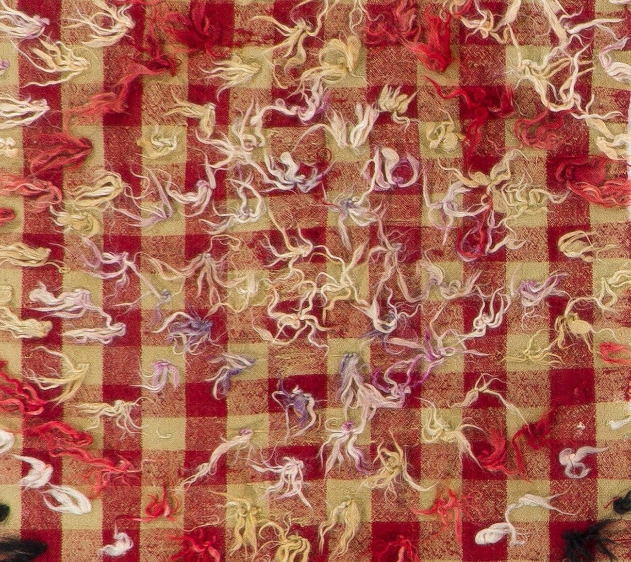 3x7 Ft Checkered Vintage Kilim Rug With Red, Mint Green Colors And Wool Pom Poms photo Textiles
