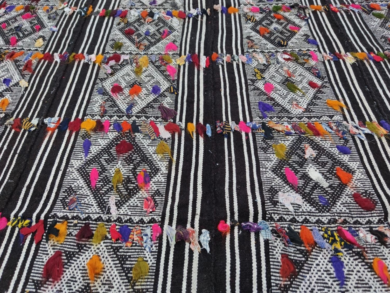5.6x7.3 Ft Hand Woven Vintage Turkish Kilim Rug (Flat Weave) With Colorful Pomps photo for sale