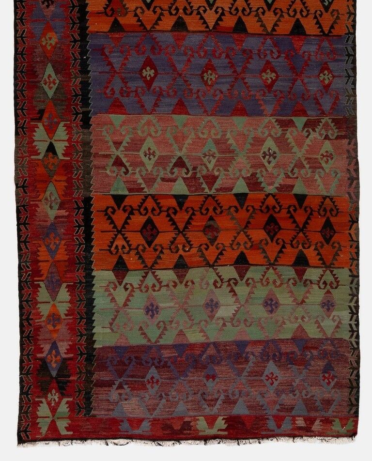 5.2x13.2 Ft Vintage Central Anatolian Kilim Rug With Geometric Design, All Wool photo Textiles