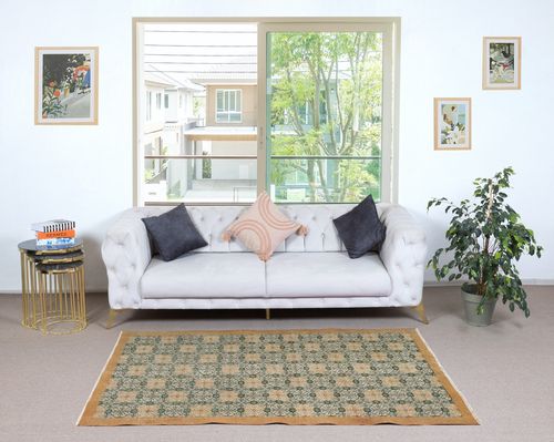 4x7 Ft Vintage Hand Made Green Area Rug With Floral Design & Solid Orange Border photo furniture
