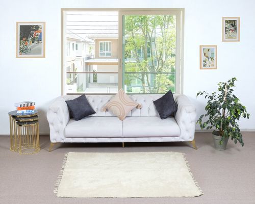 3.7x5.8 Ft New Flat Weave Kilim Rug Made Of Goat's Wool, Plain Cream Bed Cover photo furniture