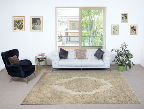 6.8x10 Ft One Of A Kind Vintage Beige Turkish Rug. Handmade Sun Faded Carpet photo furniture