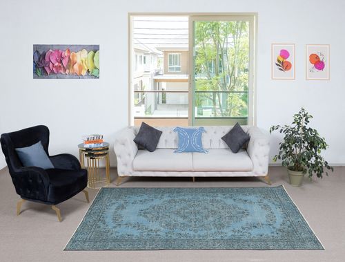 5.2x9 Ft Modern Area Rug In Blue, Hand Woven And Hand Knotted In Turkey photo furniture