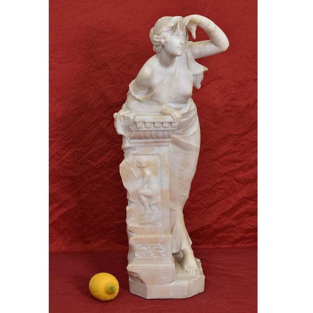 Antique Italian Alabaster Sculptures, Young Girl Sculpture, Giuseppe Gambogi, 19th Century. photo furniture