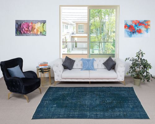 5.7x9 Ft Contemporary Handmade Turkish Area Rug Over Dyed In Navy Blue photo furniture