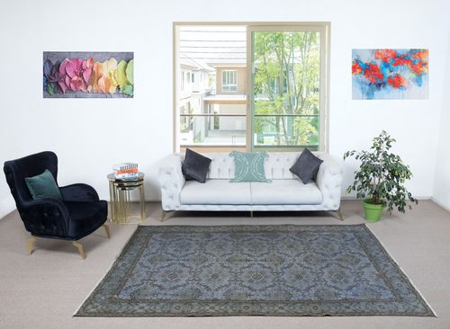 5.4x9.3 Ft Handknotted Blue Color Area Rug, Modern Floral Turkish Floor Covering photo furniture