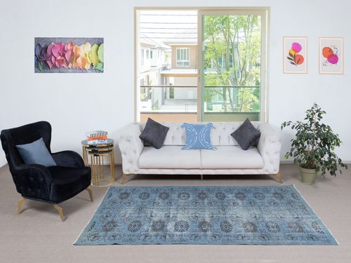 5x8.8 Ft Floral Patterned Blue Area Rug For Modern Interiors, Handmade In Turkey photo furniture
