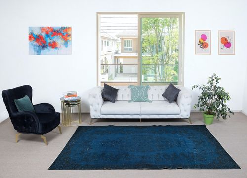 5.6x9.4 Ft Modern Handmade Turkish Area Rug Over Dyed In Dark Blue photo furniture