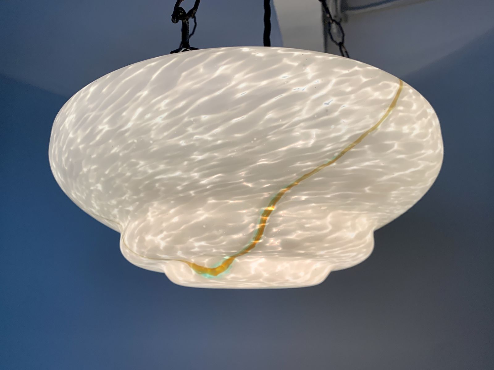Classic Art Deco Fluted Soft White Marbled Glass Plafonnier With Green Highlights C.1920, Restored And Rewired Ready To Be Placed. photo furniture