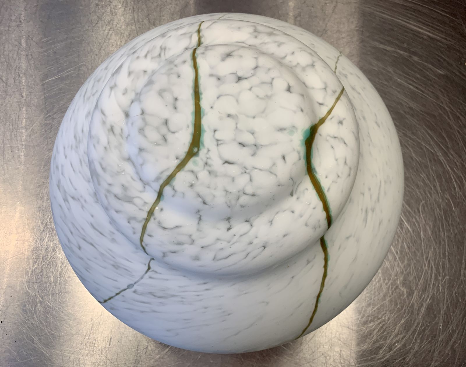 Classic Art Deco Fluted Soft White Marbled Glass Plafonnier With Green Highlights C.1920, Restored And Rewired Ready To Be Placed. photo Lighting