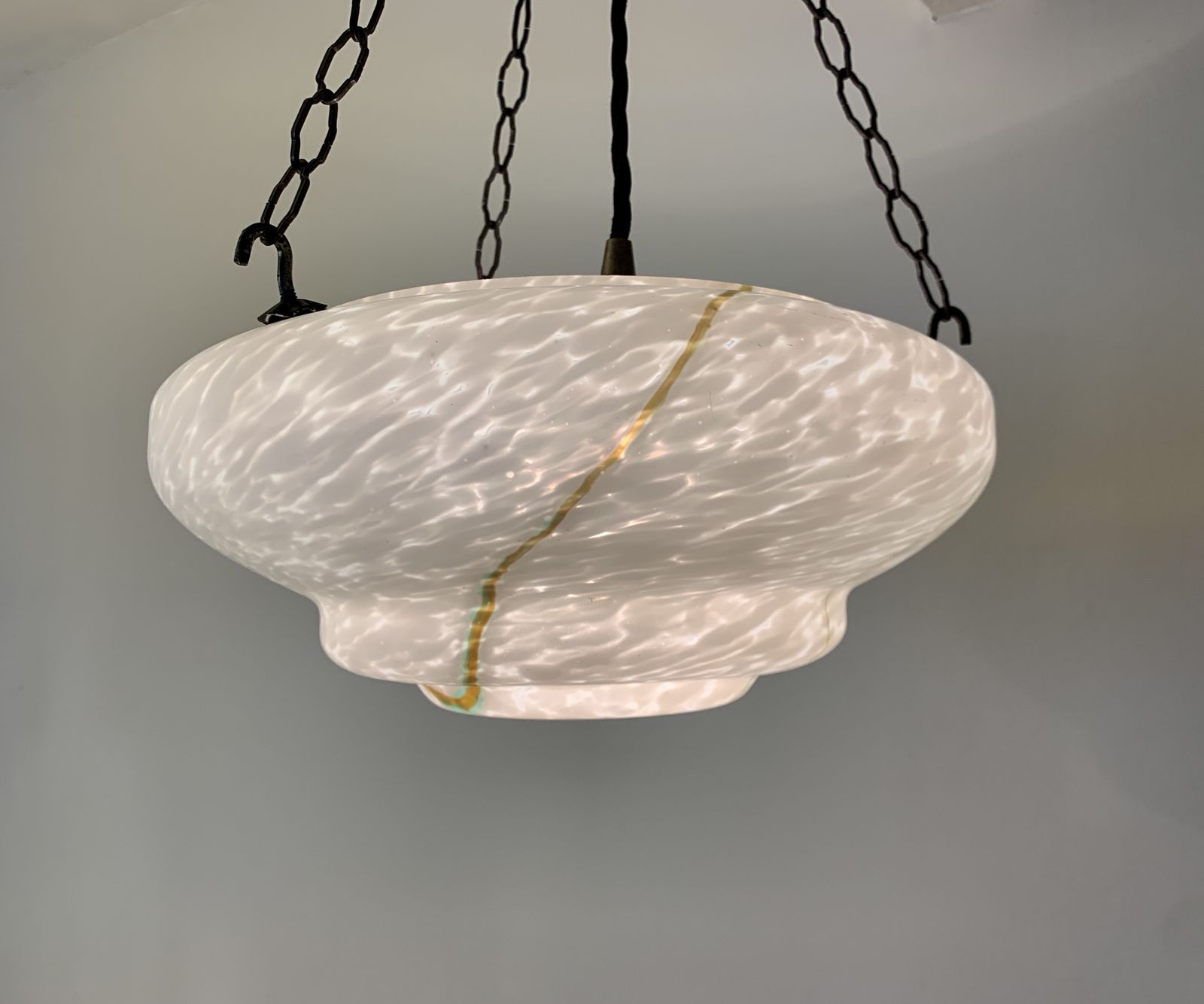 Classic Art Deco Fluted Soft White Marbled Glass Plafonnier With Green Highlights C.1920, Restored And Rewired Ready To Be Placed. photo 260.0