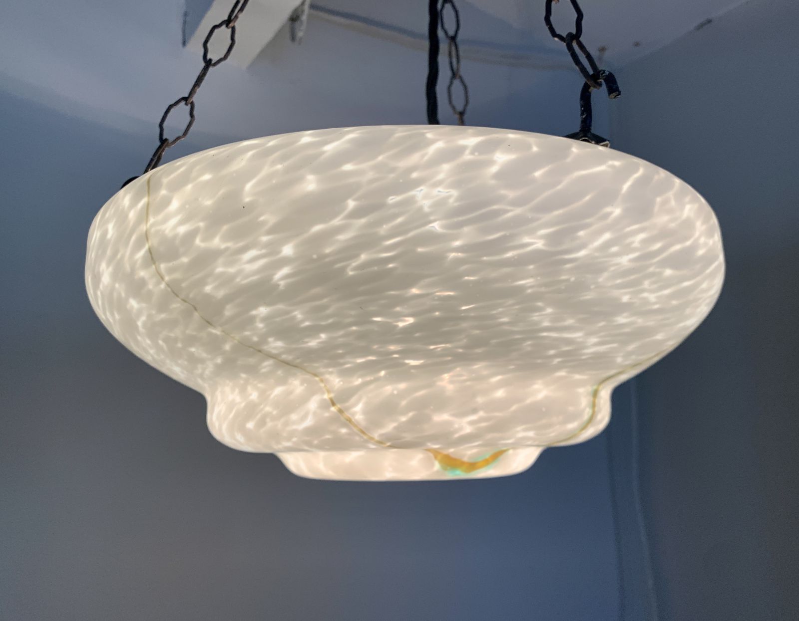 Classic Art Deco Fluted Soft White Marbled Glass Plafonnier With Green Highlights C.1920, Restored And Rewired Ready To Be Placed. photo vintage