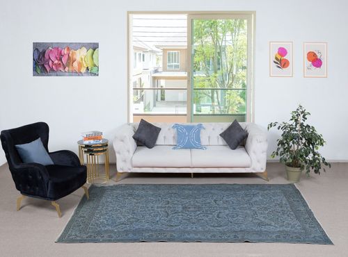 5.3x10 Ft Modern Floral Patterned Area Rug In Blue, Hand Knotted In Turkey photo furniture