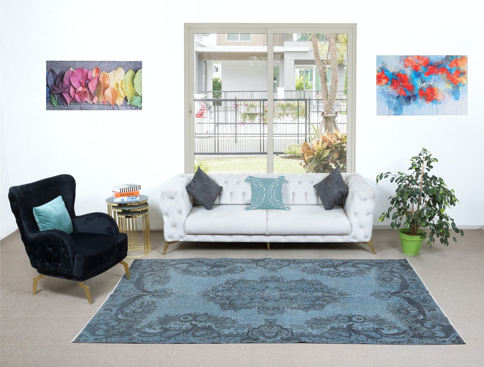 6.2x10 Ft Modern Handmade Wool Area Rug In Light Blue, Turkish Low Pile Carpet photo furniture