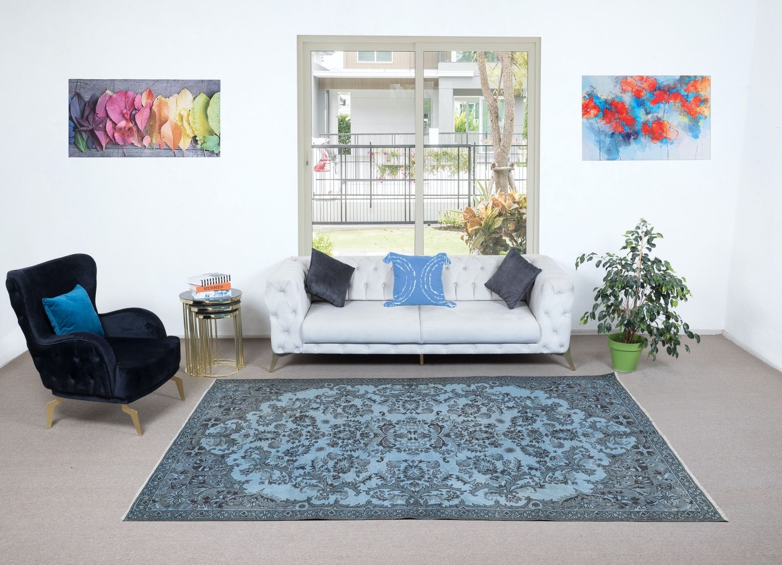 6.5x9.4 Ft Contemporary Handmade Turkish Rug In Light Blue With Garden Design photo furniture