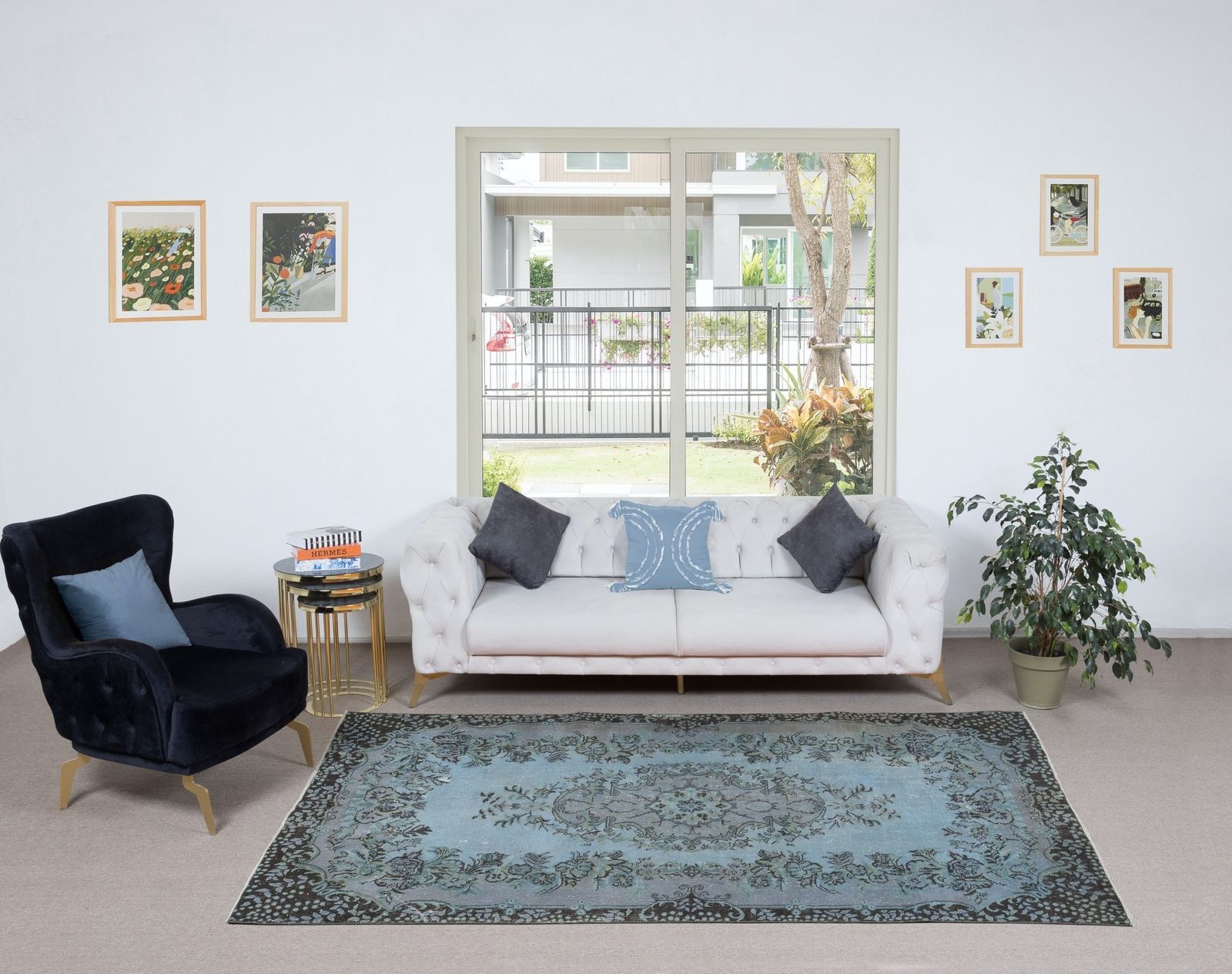 5.8x9 Ft Contemporary Handmade Turkish Area Rug In Baby Blue, Soft Pink & Black photo furniture