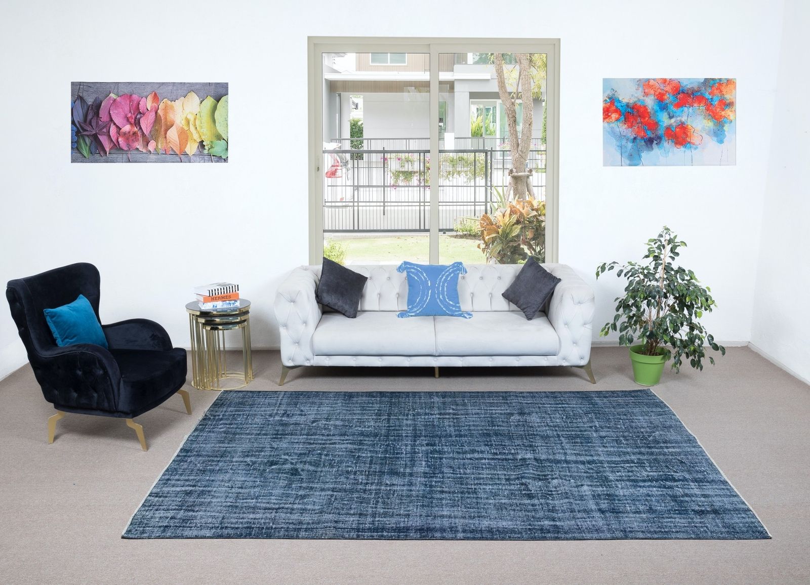 6.5x10 Ft Blue Handmade Turkish Area Rug For Living Room, Bedroom & Dining Room photo furniture