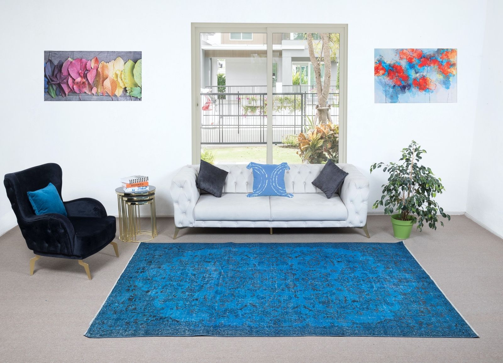 6.3x10 Ft Floral Garden Design Handmade Turkish Area Rug Over Dyed In Blue photo furniture