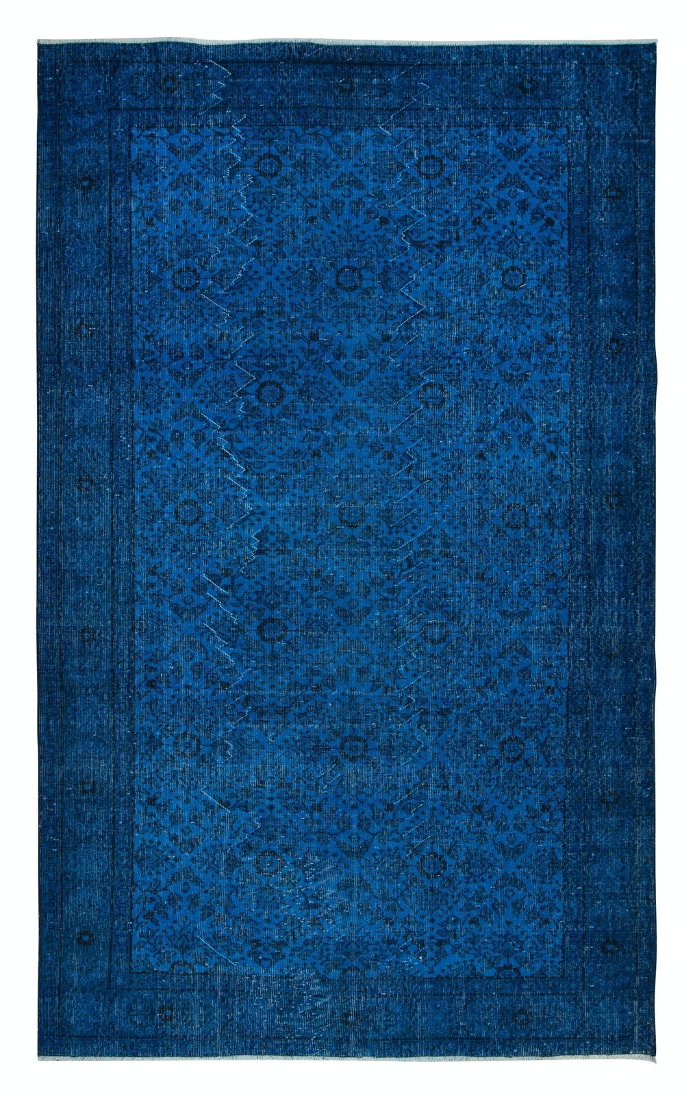6.5x10.5 Ft Modern Turkish Floral Rug In Ocean Blue, Handmade Navy Blue Carpet