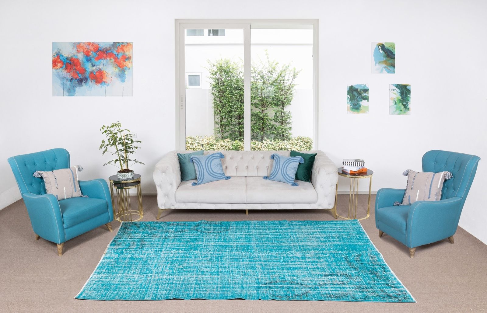 6x8.6 Ft Vintage Art Deco Chinese Design Handmade Area Rug Over Dyed In Teal photo furniture