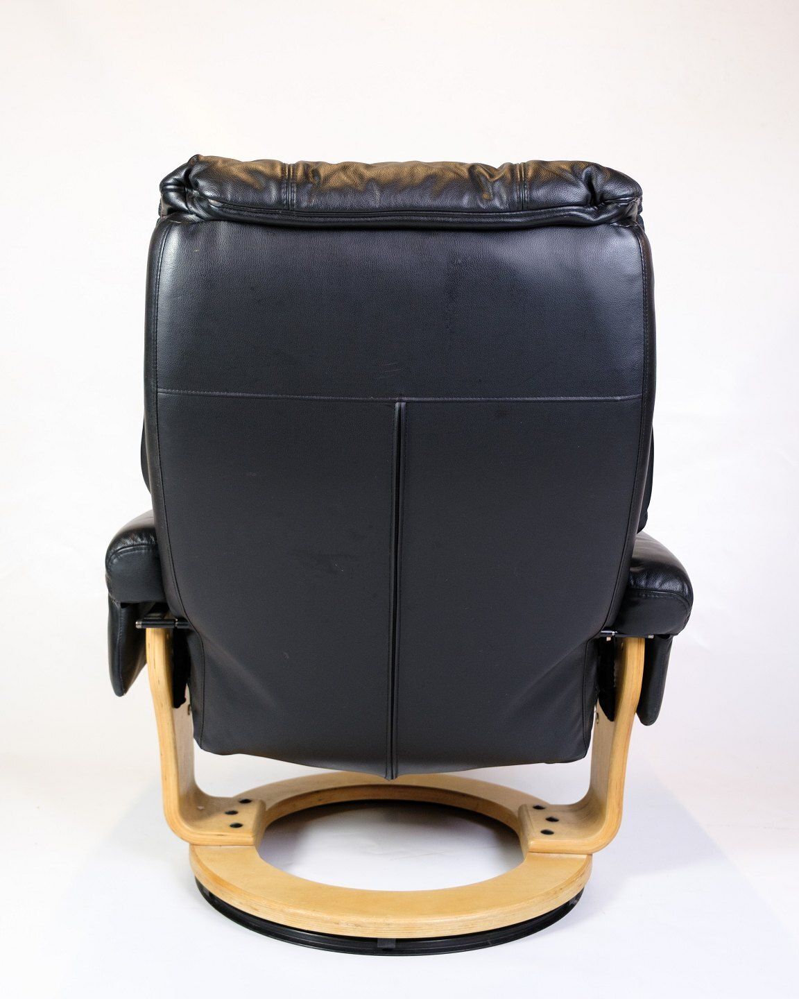 Set Of Two Armchairs With Footstool In Bent Beech  & Black Leather, Scandinavian Design photo vintage