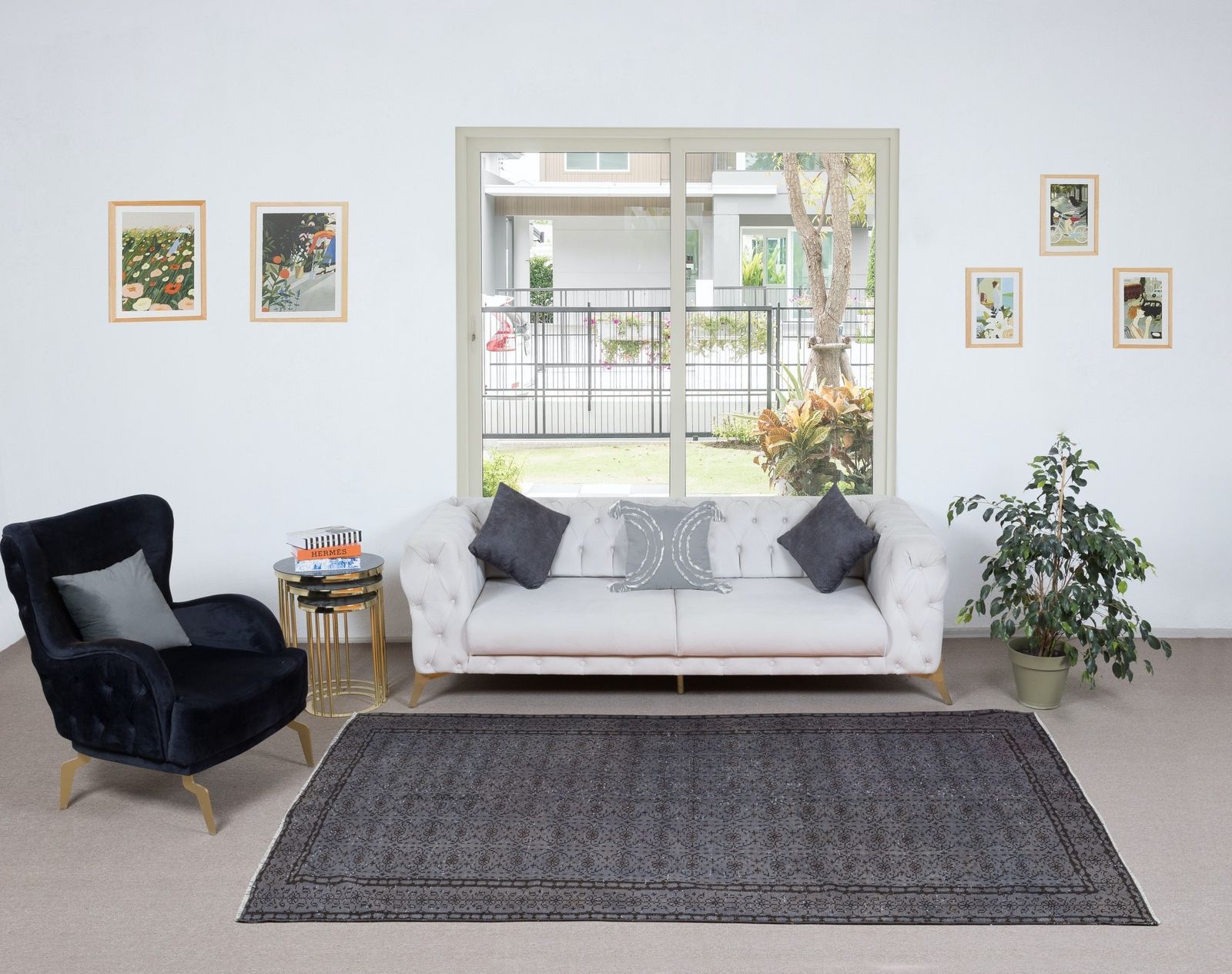 5.7x8.4 Ft Modern Handmade Turkish Gray Indoor Outdoor Rug With Floral Design photo furniture