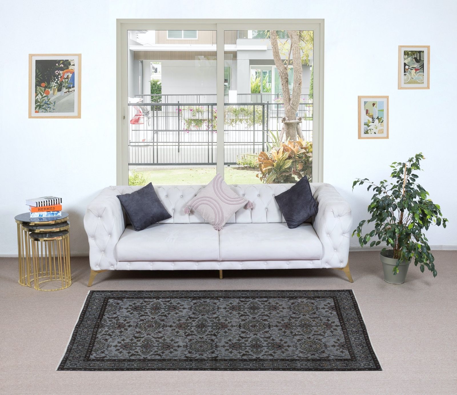 4x6.6 Ft Gray Modern Handmade Turkish Rug, Floral Pattern Living Room Carpet photo furniture