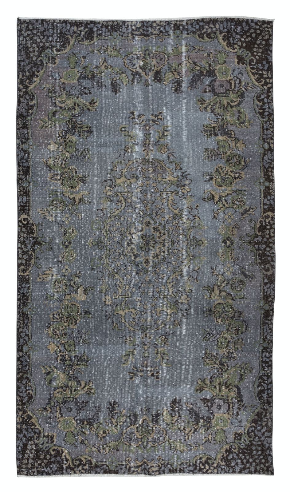 5.7x9.8 Ft Hand Made Turkish Rug With Medallion In Iron Gray, Beige & Army Green