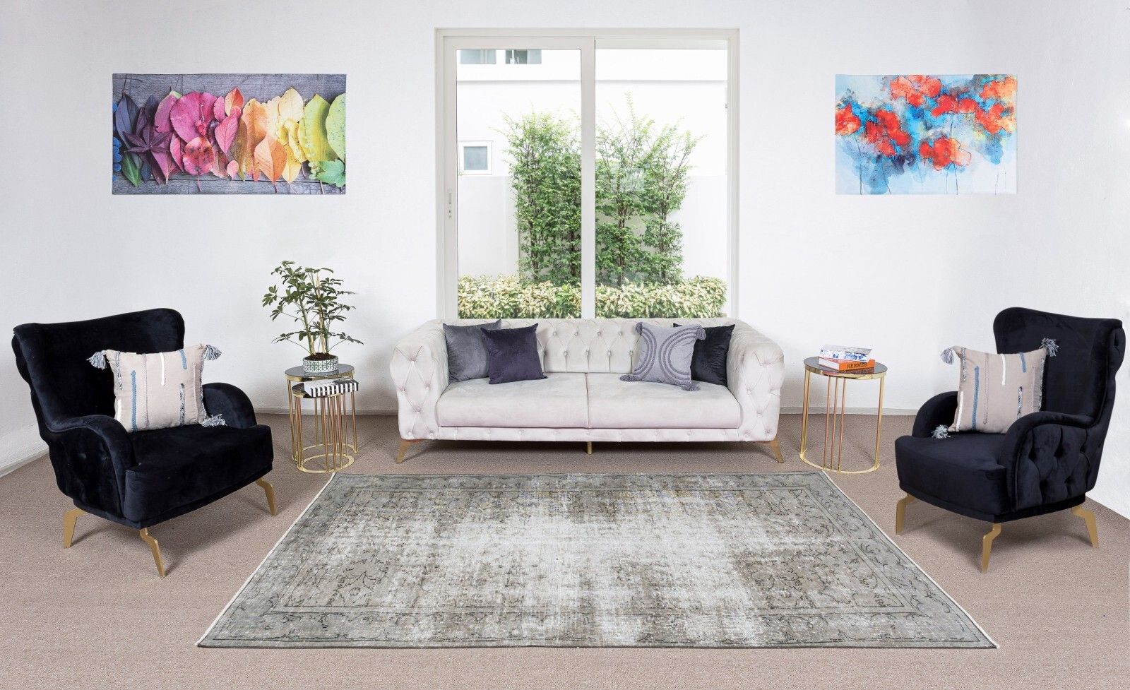5.3x8.9 Ft Distressed 1950s Handmade Anatolian Area Rug Over Dyed In Gray Color photo furniture