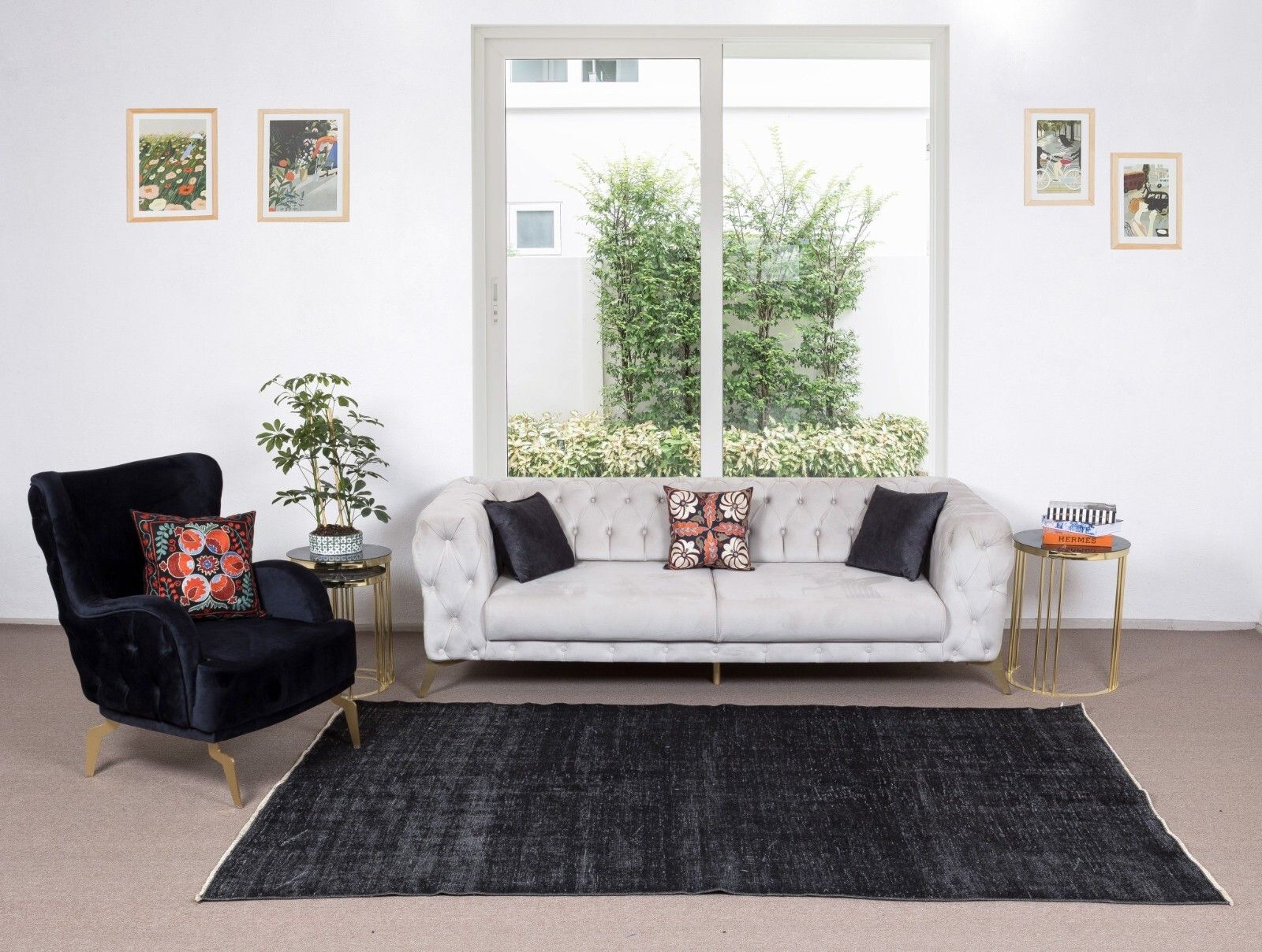 5.5x9.2 Ft Authentic Vintage Area Rug Overdyed In Black, Handknotted In Turkey photo furniture
