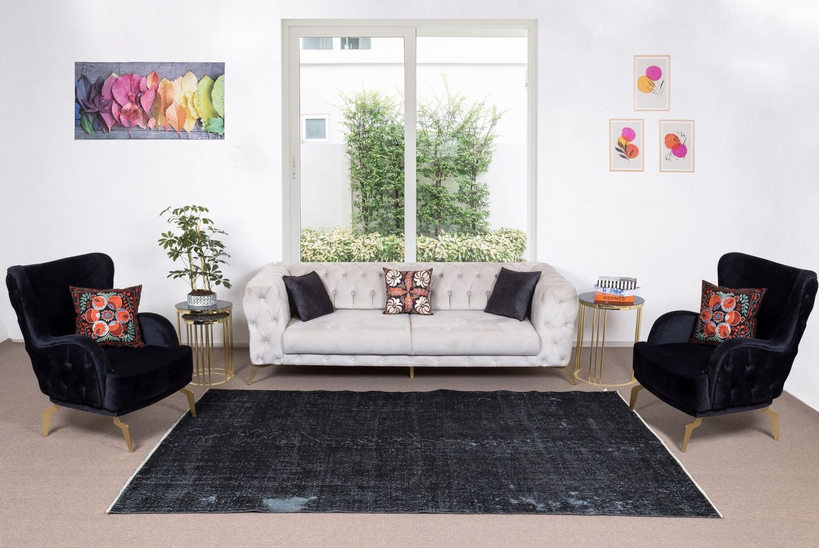 6x9.6 Ft Black Re Dyed Rug For Modern Interiors, Vintage Handmade Turkish Carpet photo furniture