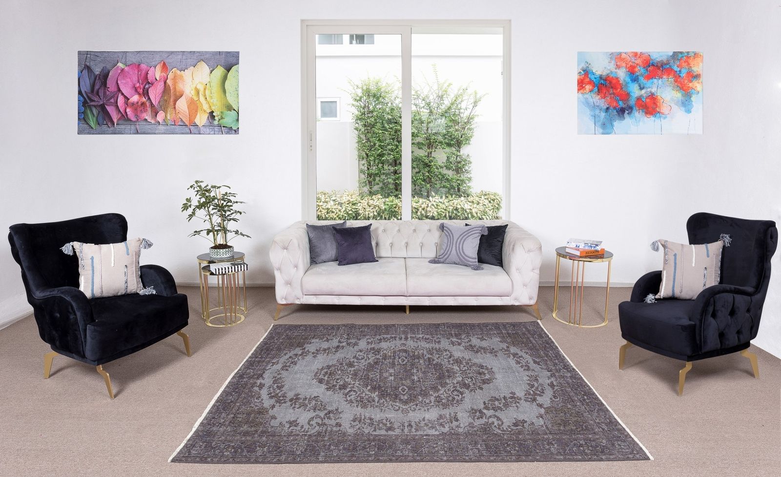 5.5x7.6 Ft Vintage Medallion Design Rug Overdyed In Gray, Handknotted In Turkey photo furniture