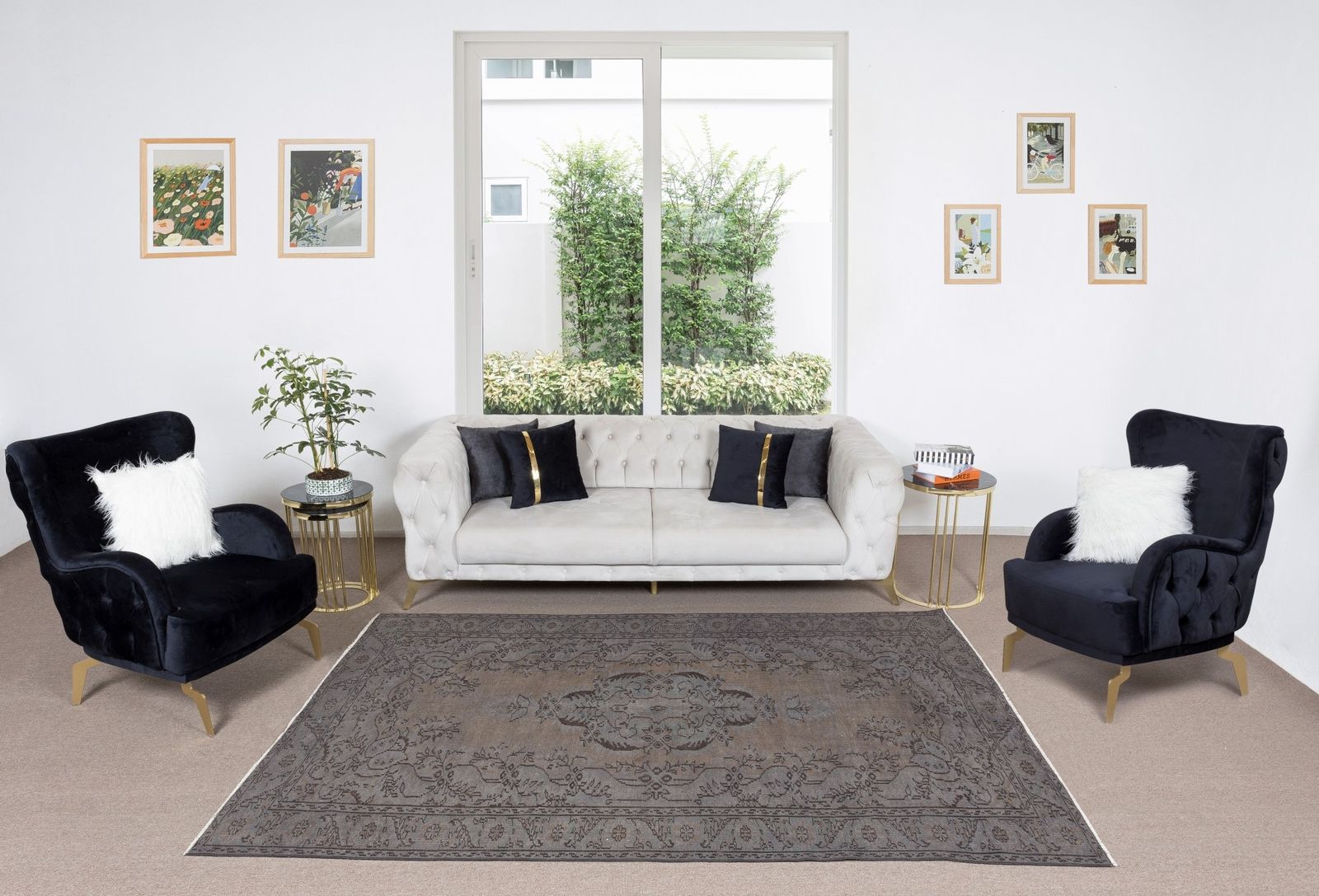 6x9,5 ft Vintage Vloerkleed Overdyed in Grijs voor Moderne Interieurs, Handgemaakt in Turkije photo furniture