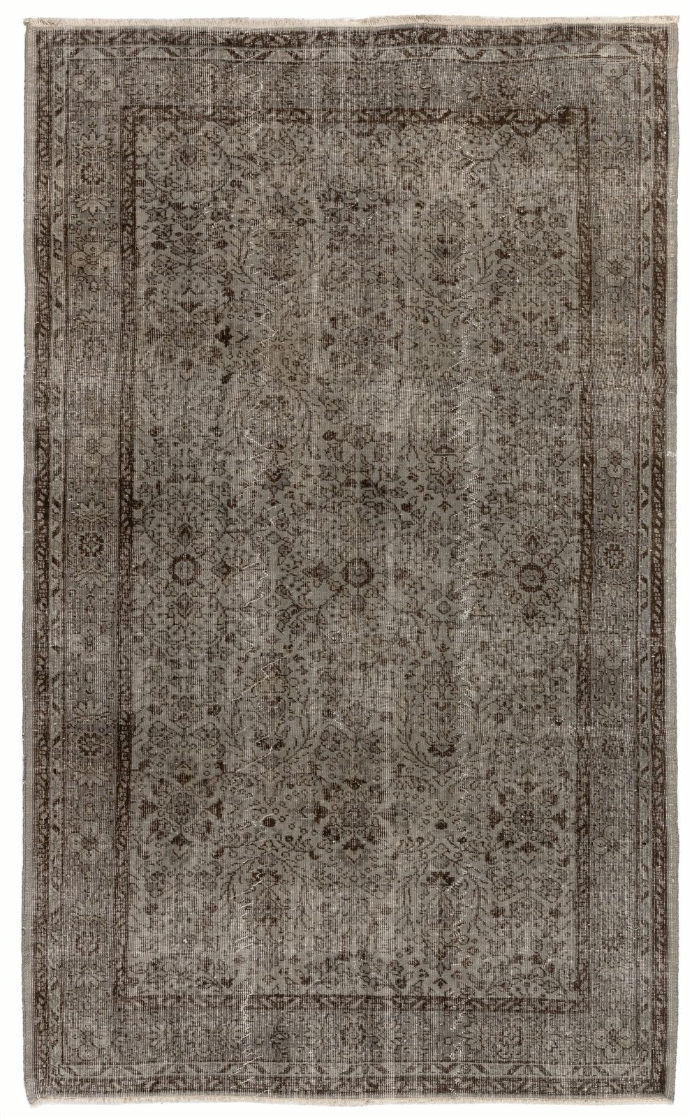 5.4x8.8 Ft Mid Century Floral Design Rug Overdyed In Gray, Handknotted In Turkey